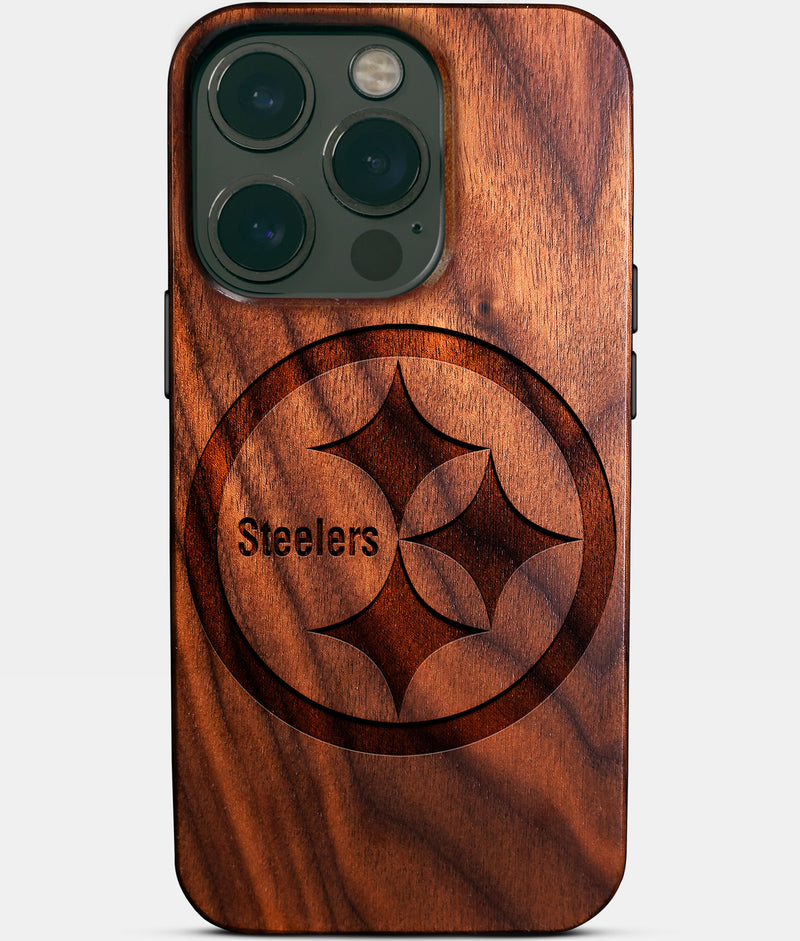 Eco-friendly Pittsburgh Steelers iPhone 14 Pro Case - Carved Wood Custom Pittsburgh Steelers Gift For Him - Monogrammed Personalized iPhone 14 Pro Cover By Engraved In Nature