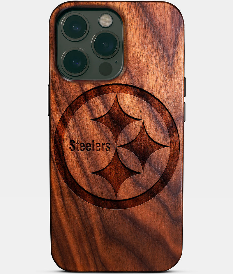 Eco-friendly Pittsburgh Steelers iPhone 14 Pro Max Case - Carved Wood Custom Pittsburgh Steelers Gift For Him - Monogrammed Personalized iPhone 14 Pro Max Cover By Engraved In Nature
