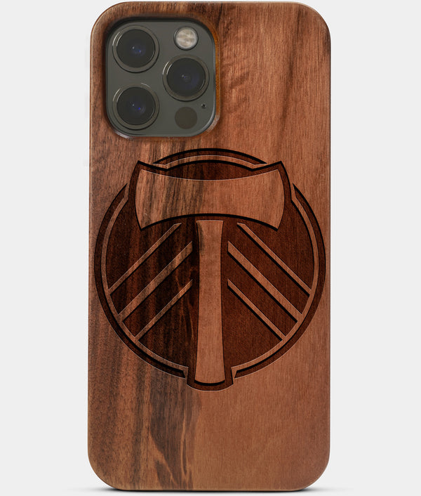 Carved Wood Portland Timbers iPhone 13 Pro Case | Custom Portland Timbers Gift, Birthday Gift | Personalized Mahogany Wood Cover, Gifts For Him, Monogrammed Gift For Fan | by Engraved In Nature