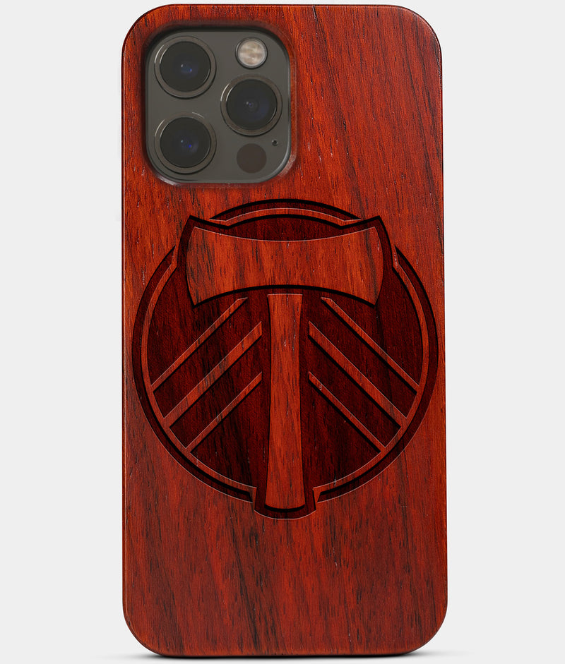 Carved Wood Portland Timbers iPhone 13 Pro Max Case | Custom Portland Timbers Gift, Birthday Gift | Personalized Mahogany Wood Cover, Gifts For Him, Monogrammed Gift For Fan | by Engraved In Nature