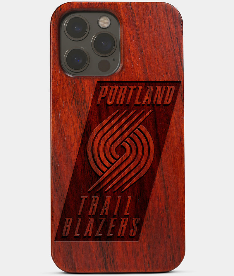 Carved Wood Portland Trail Blazers iPhone 13 Pro Max Case | Custom Portland Trail Blazers Gift, Birthday Gift | Personalized Mahogany Wood Cover, Gifts For Him, Monogrammed Gift For Fan | by Engraved In Nature