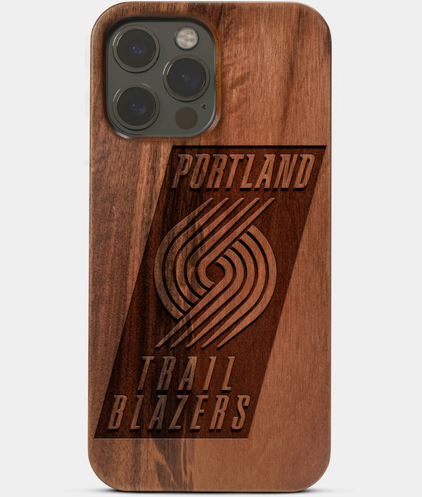 Carved Wood Portland Trail Blazers iPhone 13 Pro Max Case | Custom Portland Trail Blazers Gift, Birthday Gift | Personalized Mahogany Wood Cover, Gifts For Him, Monogrammed Gift For Fan | by Engraved In Nature