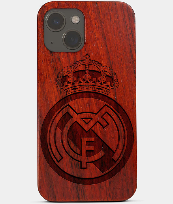 Carved Wood Real Madrid C.F. iPhone 13 Case | Custom Real Madrid C.F. Gift, Birthday Gift | Personalized Mahogany Wood Cover, Gifts For Him, Monogrammed Gift For Fan | by Engraved In Nature