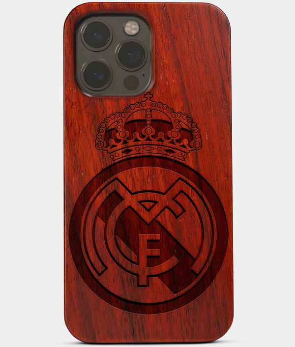 Carved Wood Real Madrid C.F. iPhone 13 Pro Case | Custom Real Madrid C.F. Gift, Birthday Gift | Personalized Mahogany Wood Cover, Gifts For Him, Monogrammed Gift For Fan | by Engraved In Nature