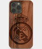 Carved Wood Real Madrid C.F. iPhone 13 Pro Case | Custom Real Madrid C.F. Gift, Birthday Gift | Personalized Mahogany Wood Cover, Gifts For Him, Monogrammed Gift For Fan | by Engraved In Nature