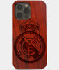 Carved Wood Real Madrid C.F. iPhone 13 Pro Max Case | Custom Real Madrid C.F. Gift, Birthday Gift | Personalized Mahogany Wood Cover, Gifts For Him, Monogrammed Gift For Fan | by Engraved In Nature