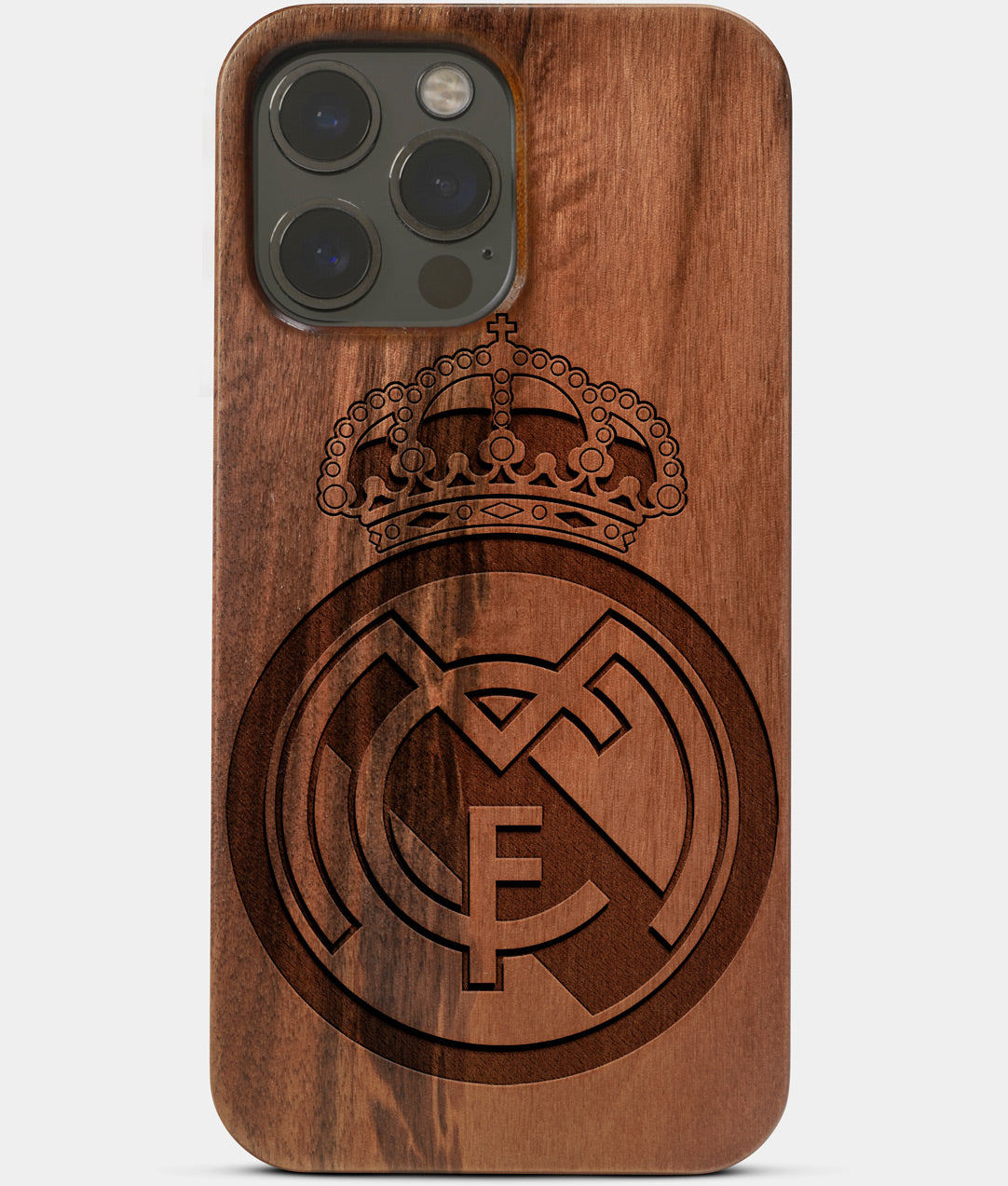 Carved Wood Real Madrid C.F. iPhone 13 Pro Max Case | Custom Real Madrid C.F. Gift, Birthday Gift | Personalized Mahogany Wood Cover, Gifts For Him, Monogrammed Gift For Fan | by Engraved In Nature