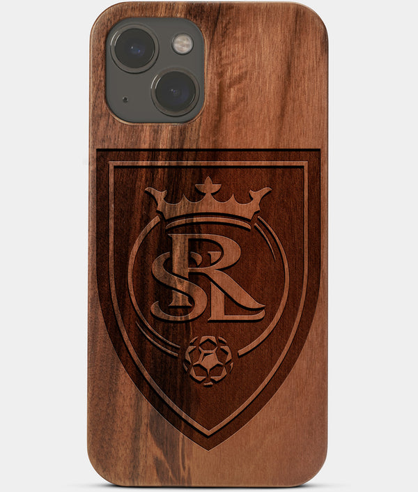 Carved Wood Real Salt Lake iPhone 13 Case | Custom Real Salt Lake Gift, Birthday Gift | Personalized Mahogany Wood Cover, Gifts For Him, Monogrammed Gift For Fan | by Engraved In Nature