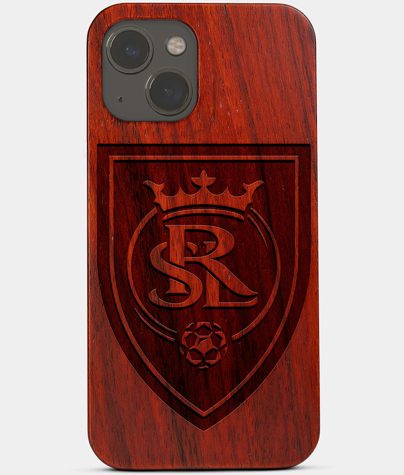 Carved Wood Real Salt Lake iPhone 13 Mini Case | Custom Real Salt Lake Gift, Birthday Gift | Personalized Mahogany Wood Cover, Gifts For Him, Monogrammed Gift For Fan | by Engraved In Nature