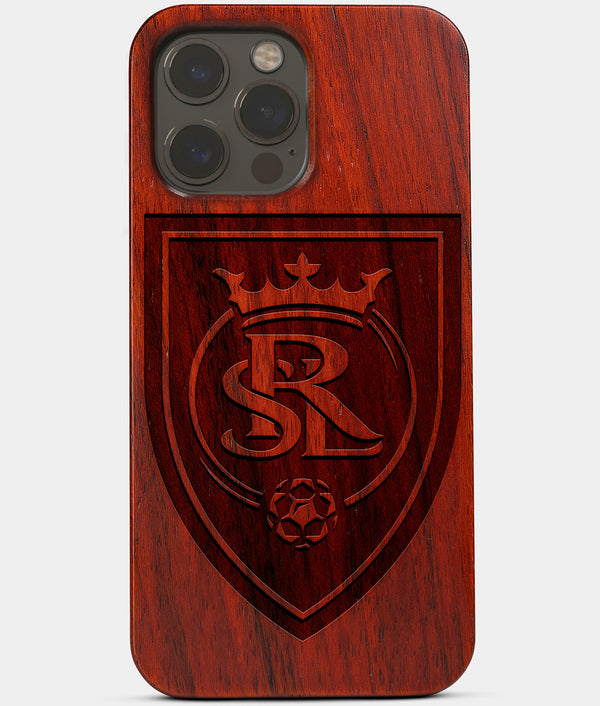 Carved Wood Real Salt Lake iPhone 13 Pro Case | Custom Real Salt Lake Gift, Birthday Gift | Personalized Mahogany Wood Cover, Gifts For Him, Monogrammed Gift For Fan | by Engraved In Nature
