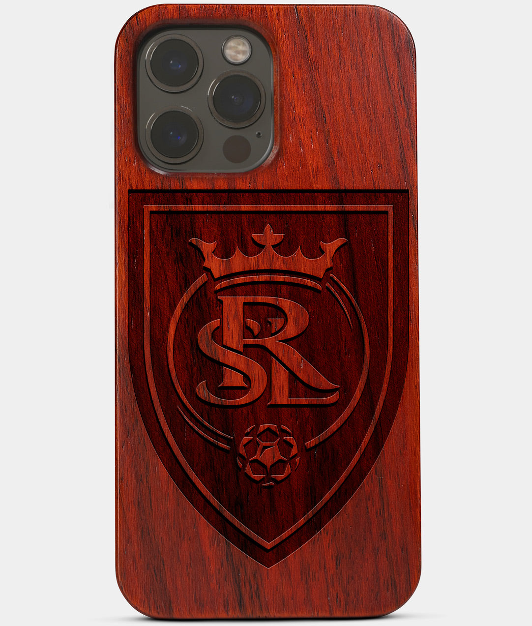 Carved Wood Real Salt Lake iPhone 13 Pro Max Case | Custom Real Salt Lake Gift, Birthday Gift | Personalized Mahogany Wood Cover, Gifts For Him, Monogrammed Gift For Fan | by Engraved In Nature