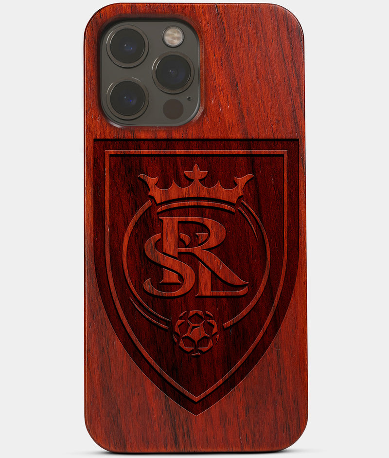 Carved Wood Real Salt Lake iPhone 13 Pro Max Case | Custom Real Salt Lake Gift, Birthday Gift | Personalized Mahogany Wood Cover, Gifts For Him, Monogrammed Gift For Fan | by Engraved In Nature