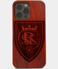 Carved Wood Real Salt Lake iPhone 13 Pro Max Case | Custom Real Salt Lake Gift, Birthday Gift | Personalized Mahogany Wood Cover, Gifts For Him, Monogrammed Gift For Fan | by Engraved In Nature
