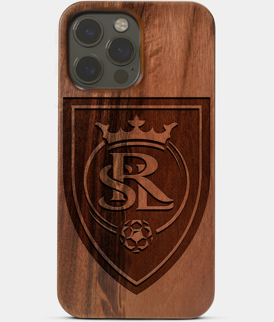 Carved Wood Real Salt Lake iPhone 13 Pro Max Case | Custom Real Salt Lake Gift, Birthday Gift | Personalized Mahogany Wood Cover, Gifts For Him, Monogrammed Gift For Fan | by Engraved In Nature