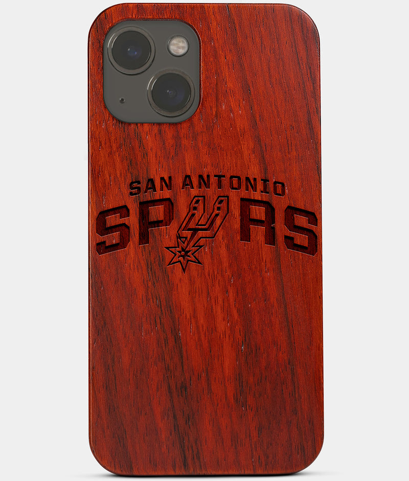 Carved Wood San Antonio Spurs iPhone 13 Mini Case | Custom San Antonio Spurs Gift, Birthday Gift | Personalized Mahogany Wood Cover, Gifts For Him, Monogrammed Gift For Fan | by Engraved In Nature