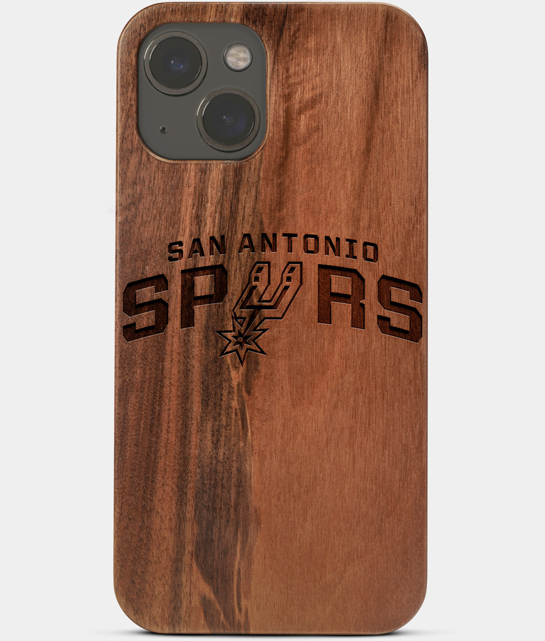 Carved Wood San Antonio Spurs iPhone 13 Mini Case | Custom San Antonio Spurs Gift, Birthday Gift | Personalized Mahogany Wood Cover, Gifts For Him, Monogrammed Gift For Fan | by Engraved In Nature