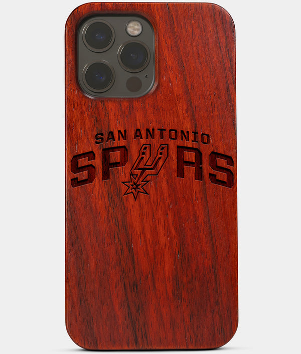 Carved Wood San Antonio Spurs iPhone 13 Pro Case | Custom San Antonio Spurs Gift, Birthday Gift | Personalized Mahogany Wood Cover, Gifts For Him, Monogrammed Gift For Fan | by Engraved In Nature