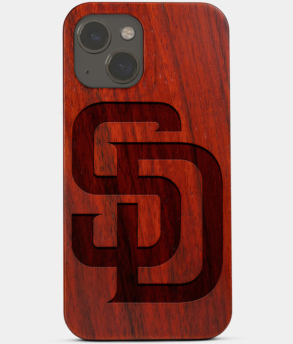 Carved Wood San Diego Padres iPhone 13 Mini Case | Custom SD Padres Gift, Birthday Gift | Personalized Mahogany Wood Cover, Gifts For Him, Monogrammed Gift For Fan | by Engraved In Nature