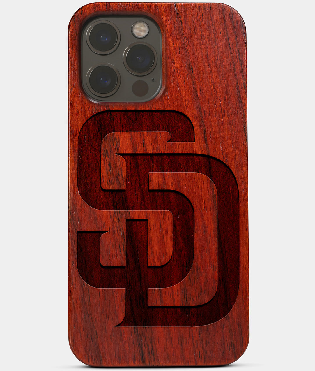 Carved Wood San Diego Padres iPhone 13 Pro Case | Custom SD Padres Gift, Birthday Gift | Personalized Mahogany Wood Cover, Gifts For Him, Monogrammed Gift For Fan | by Engraved In Nature