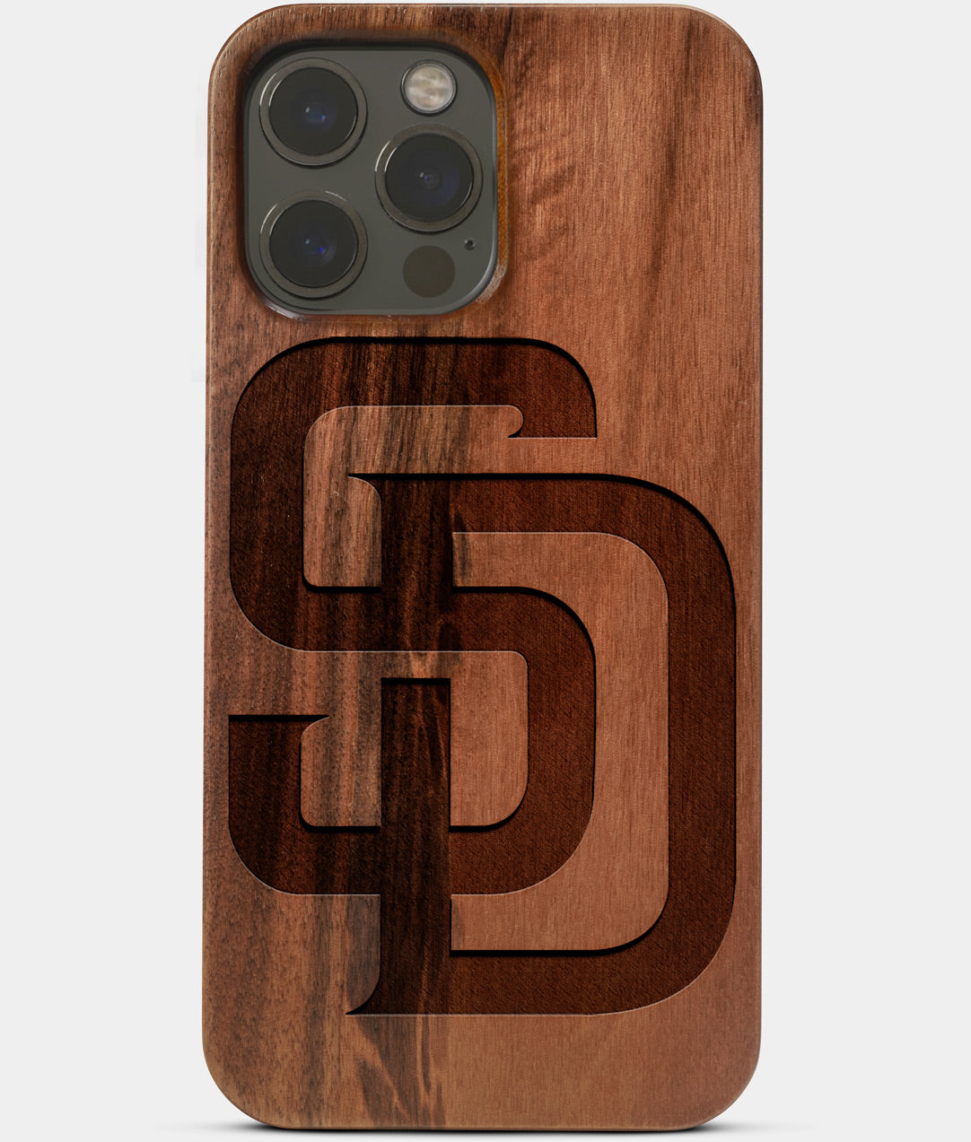 Carved Wood San Diego Padres iPhone 13 Pro Case | Custom SD Padres Gift, Birthday Gift | Personalized Mahogany Wood Cover, Gifts For Him, Monogrammed Gift For Fan | by Engraved In Nature