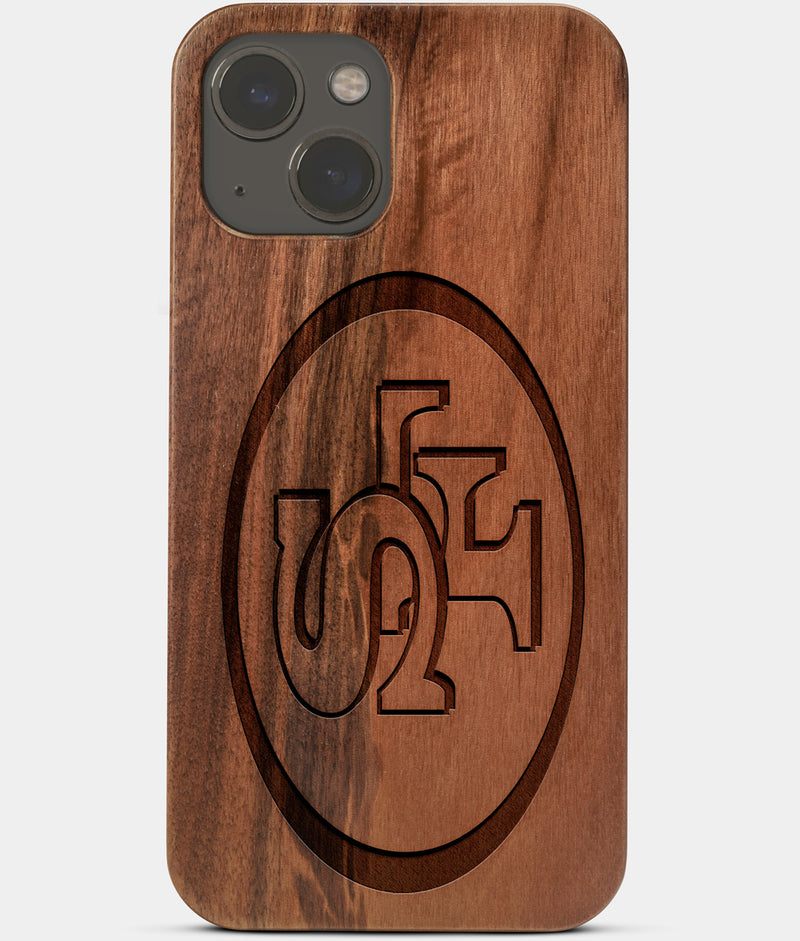 Carved Wood San Francisco 49ers iPhone 13 Mini Case | Custom SF 49ers Gift, Birthday Gift | Personalized Mahogany Wood Cover, Gifts For Him, Monogrammed Gift For Fan | by Engraved In Nature