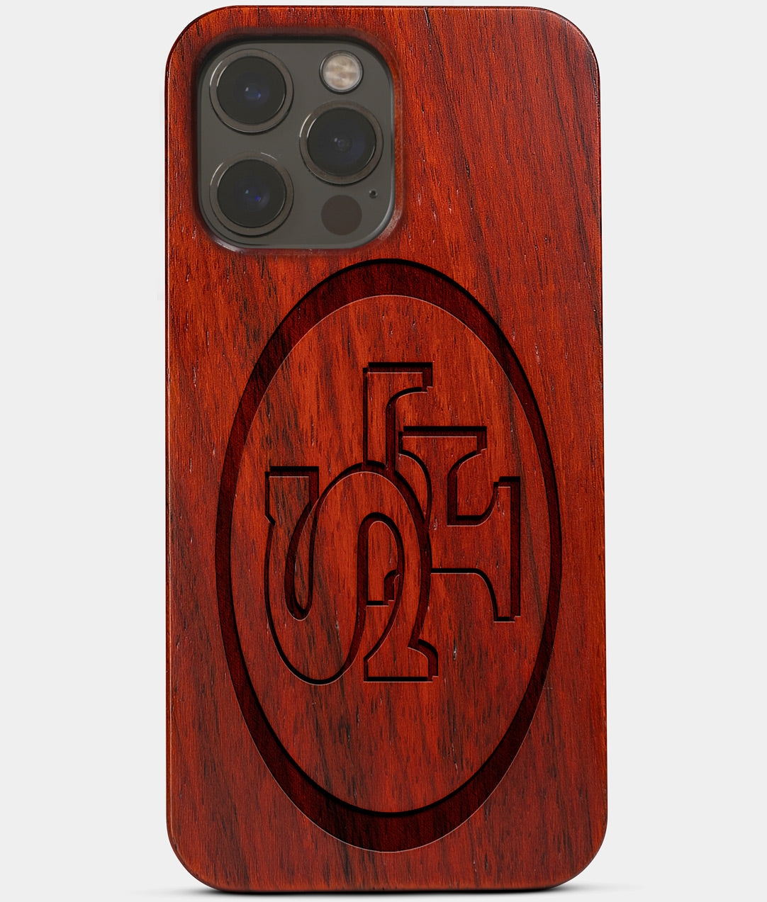 Carved Wood San Francisco 49ers iPhone 13 Pro Case | Custom SF 49ers Gift, Birthday Gift | Personalized Mahogany Wood Cover, Gifts For Him, Monogrammed Gift For Fan | by Engraved In Nature