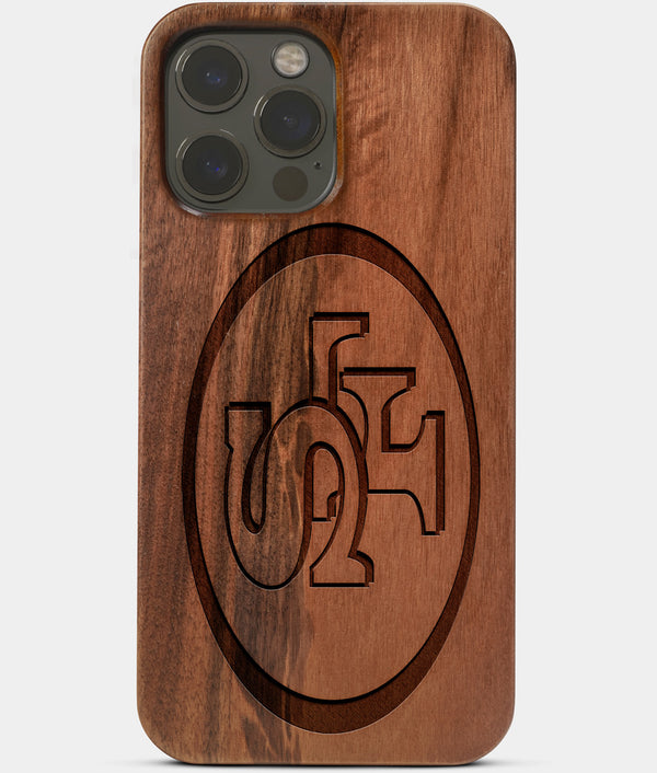 Carved Wood San Francisco 49ers iPhone 13 Pro Case | Custom SF 49ers Gift, Birthday Gift | Personalized Mahogany Wood Cover, Gifts For Him, Monogrammed Gift For Fan | by Engraved In Nature