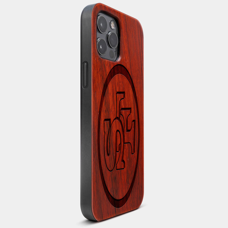 Best Wood San Francisco 49ers iPhone 13 Pro Max Case | Custom SF 49ers Gift | Mahogany Wood Cover - Engraved In Nature