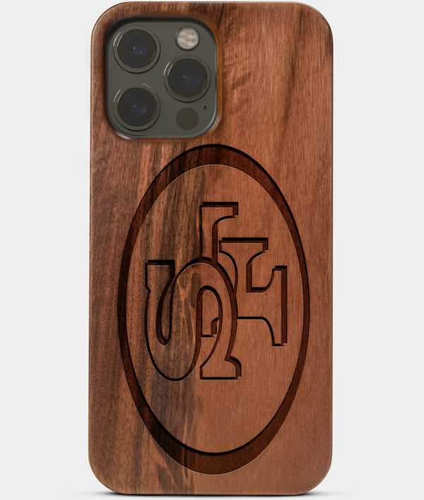 Carved Wood San Francisco 49ers iPhone 13 Pro Max Case | Custom SF 49ers Gift, Birthday Gift | Personalized Mahogany Wood Cover, Gifts For Him, Monogrammed Gift For Fan | by Engraved In Nature