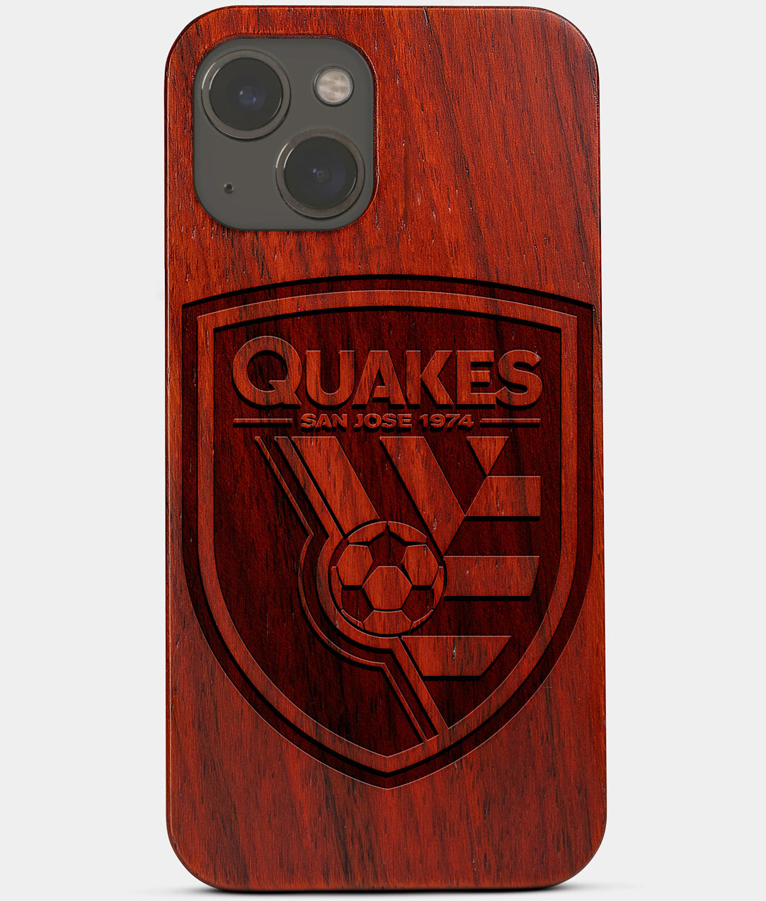 Carved Wood San Jose Earthquakes iPhone 13 Mini Case | Custom San Jose Earthquakes Gift, Birthday Gift | Personalized Mahogany Wood Cover, Gifts For Him, Monogrammed Gift For Fan | by Engraved In Nature