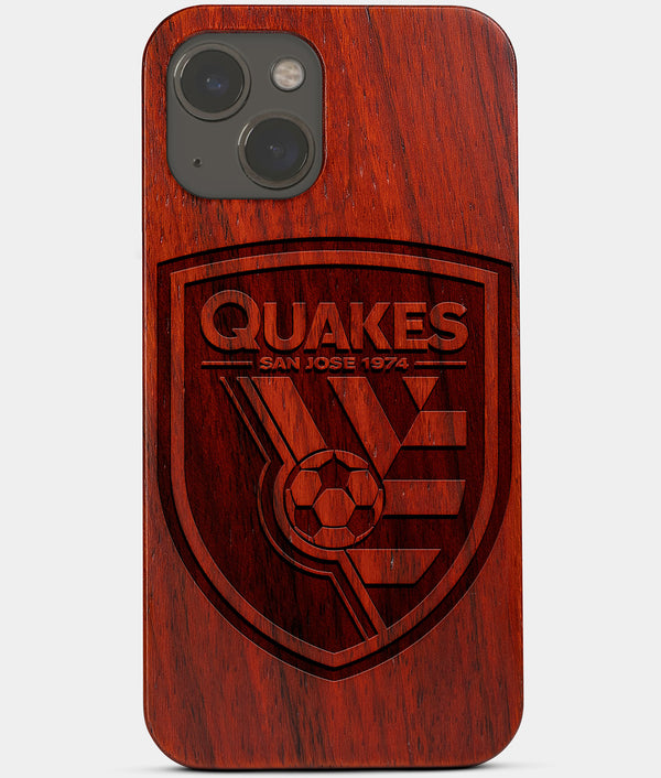 Carved Wood San Jose Earthquakes iPhone 13 Mini Case | Custom San Jose Earthquakes Gift, Birthday Gift | Personalized Mahogany Wood Cover, Gifts For Him, Monogrammed Gift For Fan | by Engraved In Nature