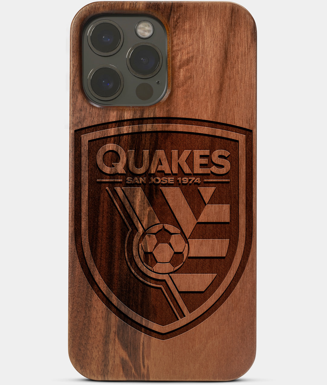 Carved Wood San Jose Earthquakes iPhone 13 Pro Max Case | Custom San Jose Earthquakes Gift, Birthday Gift | Personalized Mahogany Wood Cover, Gifts For Him, Monogrammed Gift For Fan | by Engraved In Nature