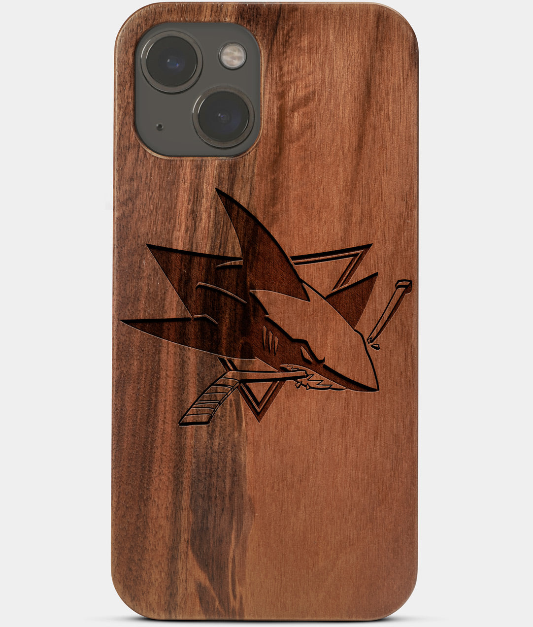 Carved Wood San Jose Sharks iPhone 13 Case | Custom San Jose Sharks Gift, Birthday Gift | Personalized Mahogany Wood Cover, Gifts For Him, Monogrammed Gift For Fan | by Engraved In Nature
