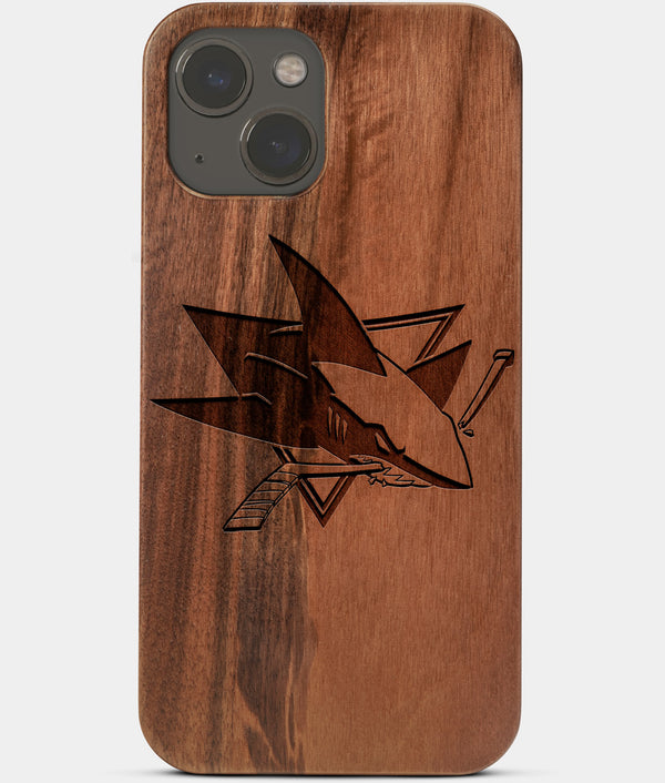 Carved Wood San Jose Sharks iPhone 13 Case | Custom San Jose Sharks Gift, Birthday Gift | Personalized Mahogany Wood Cover, Gifts For Him, Monogrammed Gift For Fan | by Engraved In Nature