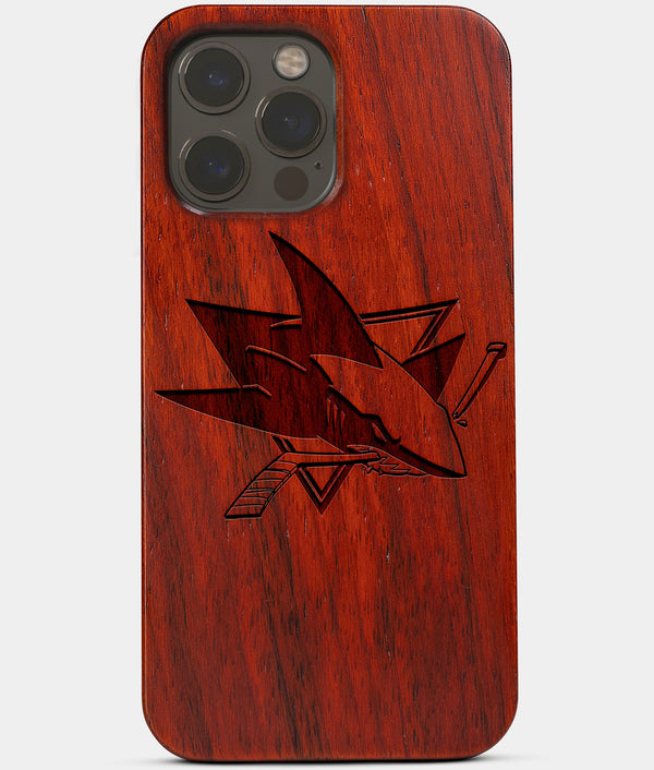 Carved Wood San Jose Sharks iPhone 13 Pro Max Case | Custom San Jose Sharks Gift, Birthday Gift | Personalized Mahogany Wood Cover, Gifts For Him, Monogrammed Gift For Fan | by Engraved In Nature