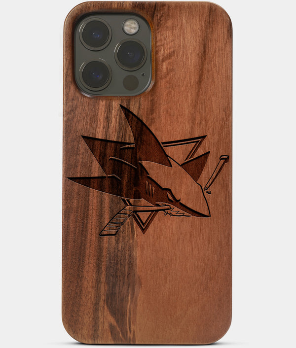 Carved Wood San Jose Sharks iPhone 13 Pro Max Case | Custom San Jose Sharks Gift, Birthday Gift | Personalized Mahogany Wood Cover, Gifts For Him, Monogrammed Gift For Fan | by Engraved In Nature