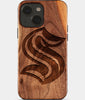 Eco-friendly Seattle Kraken iPhone 15 Case - Carved Wood Custom Seattle Kraken Gift For Him - Monogrammed Personalized iPhone 15 Cover By Engraved In Nature