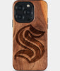 Eco-friendly Seattle Kraken iPhone 15 Pro Case - Carved Wood Custom Seattle Kraken Gift For Him - Monogrammed Personalized iPhone 15 Pro Cover By Engraved In Nature