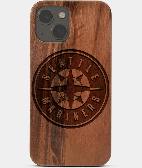 Carved Wood Seattle Mariners iPhone 13 Case | Custom Seattle Mariners Gift, Birthday Gift | Personalized Mahogany Wood Cover, Gifts For Him, Monogrammed Gift For Fan | by Engraved In Nature