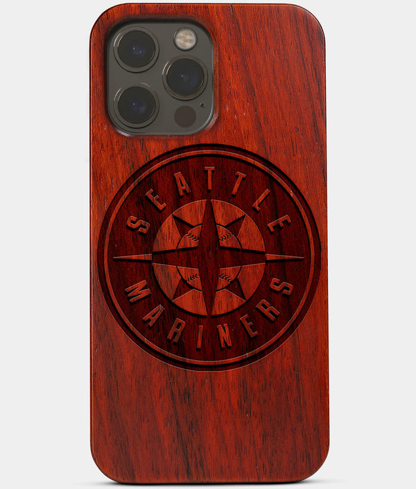 Carved Wood Seattle Mariners iPhone 13 Pro Case | Custom Seattle Mariners Gift, Birthday Gift | Personalized Mahogany Wood Cover, Gifts For Him, Monogrammed Gift For Fan | by Engraved In Nature