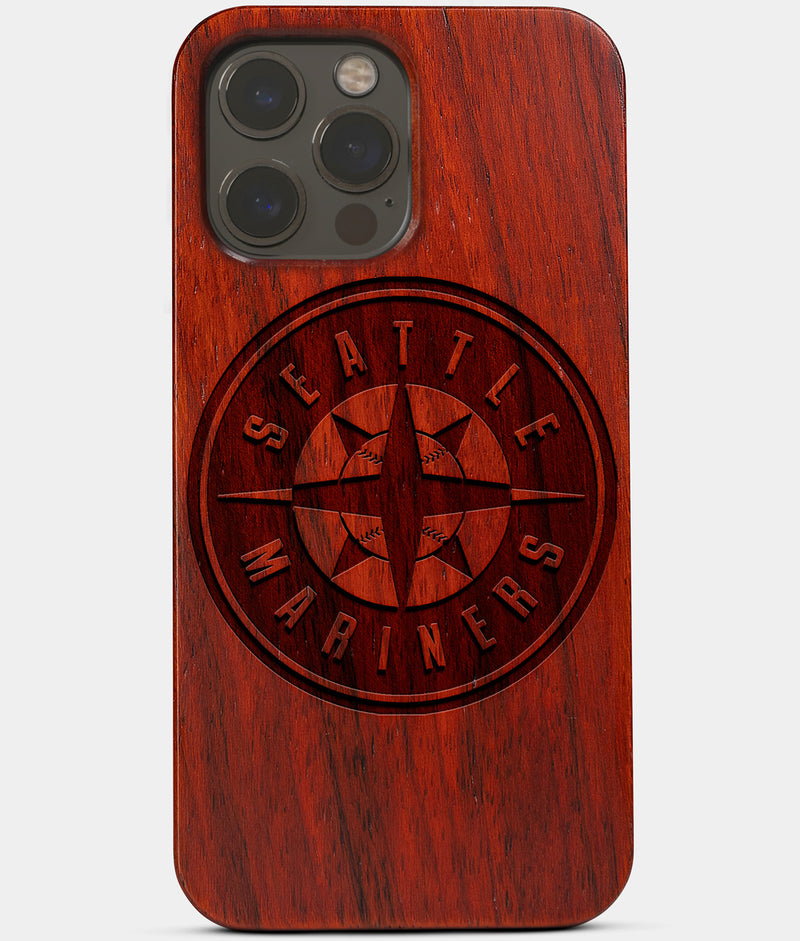 Carved Wood Seattle Mariners iPhone 13 Pro Case | Custom Seattle Mariners Gift, Birthday Gift | Personalized Mahogany Wood Cover, Gifts For Him, Monogrammed Gift For Fan | by Engraved In Nature