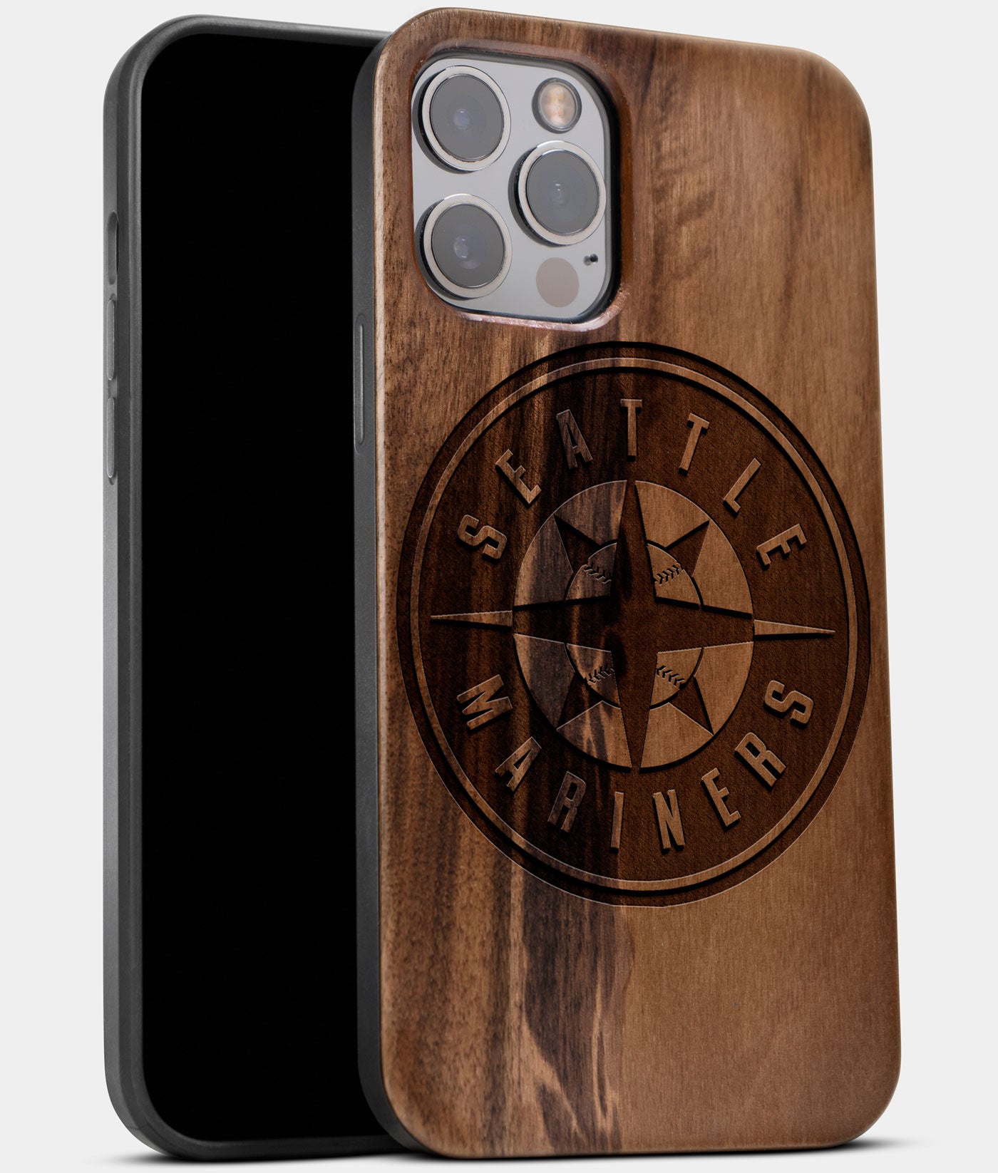 Best Wood Seattle Mariners iPhone 13 Pro Max Case | Custom Seattle Mariners Gift | Walnut Wood Cover - Engraved In Nature