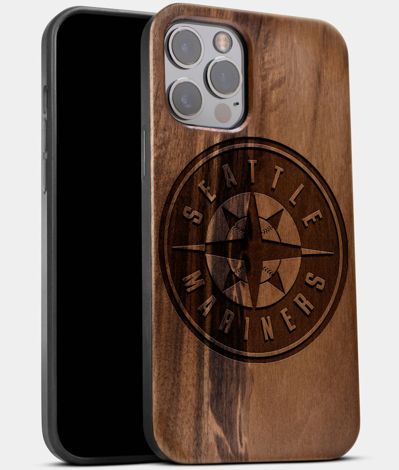 Best Wood Seattle Mariners iPhone 13 Pro Max Case | Custom Seattle Mariners Gift | Walnut Wood Cover - Engraved In Nature