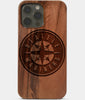 Carved Wood Seattle Mariners iPhone 13 Pro Max Case | Custom Seattle Mariners Gift, Birthday Gift | Personalized Mahogany Wood Cover, Gifts For Him, Monogrammed Gift For Fan | by Engraved In Nature