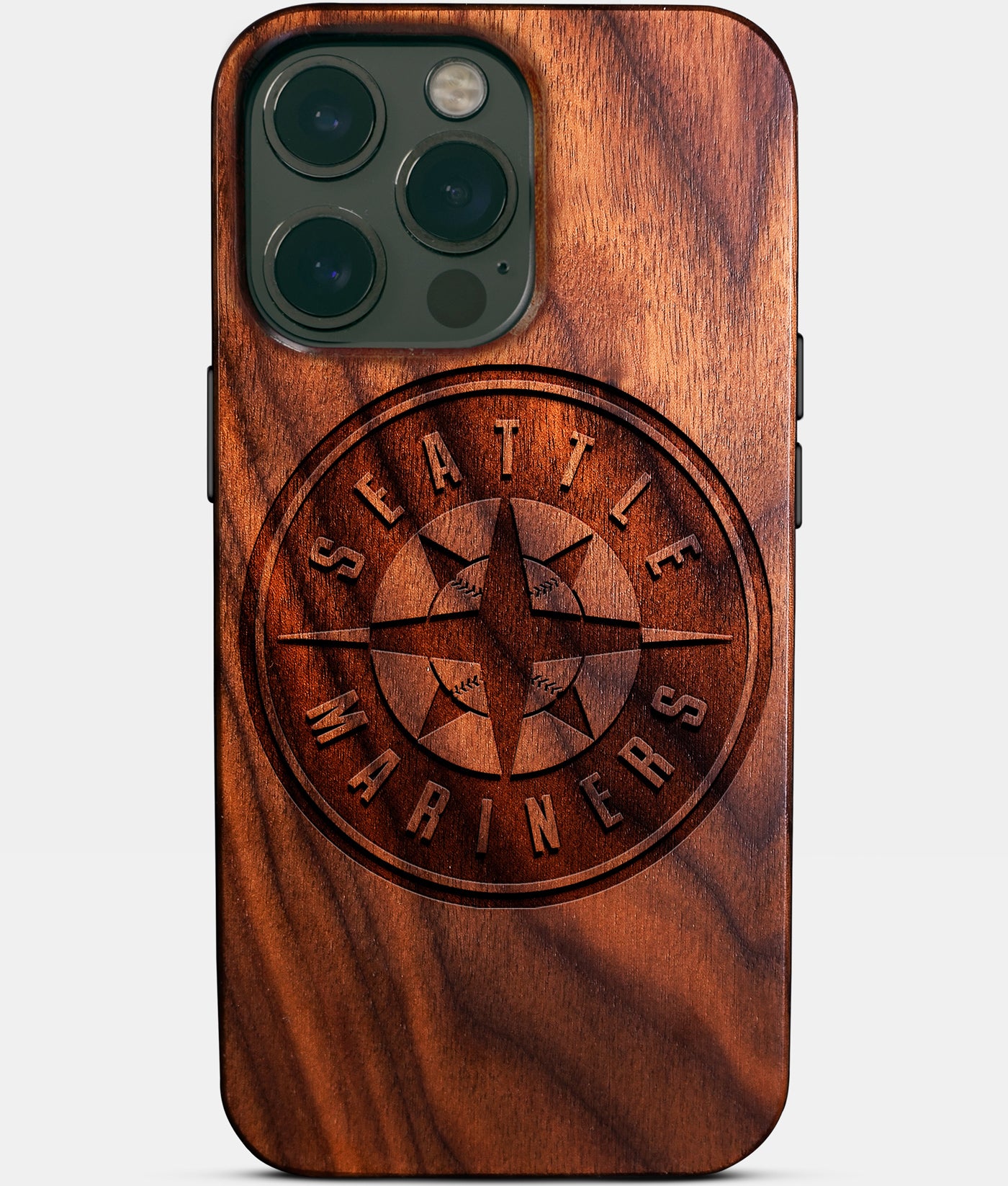 Eco-friendly Seattle Mariners iPhone 14 Pro Max Case - Carved Wood Custom Seattle Mariners Gift For Him - Monogrammed Personalized iPhone 14 Pro Max Cover By Engraved In Nature