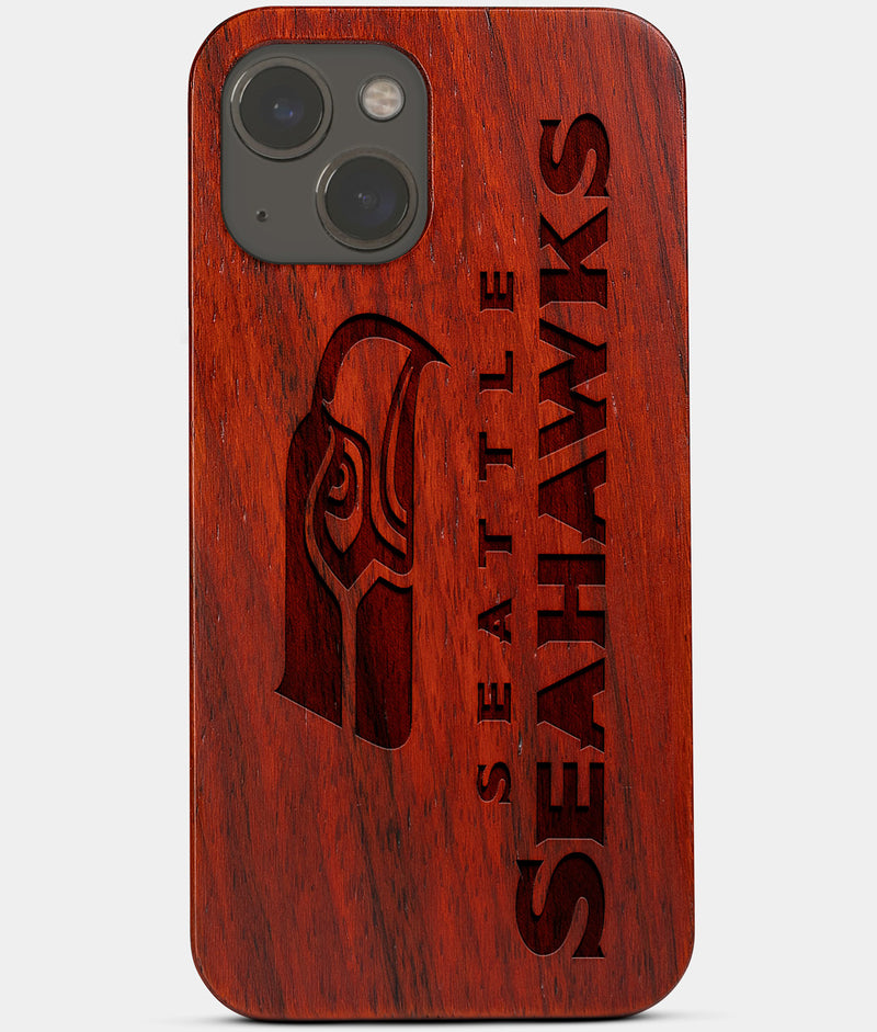 Carved Wood Seattle Seahawks iPhone 13 Mini Case | Custom Seattle Seahawks Gift, Birthday Gift | Personalized Mahogany Wood Cover, Gifts For Him, Monogrammed Gift For Fan | by Engraved In Nature