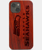Carved Wood Seattle Seahawks iPhone 13 Mini Case | Custom Seattle Seahawks Gift, Birthday Gift | Personalized Mahogany Wood Cover, Gifts For Him, Monogrammed Gift For Fan | by Engraved In Nature