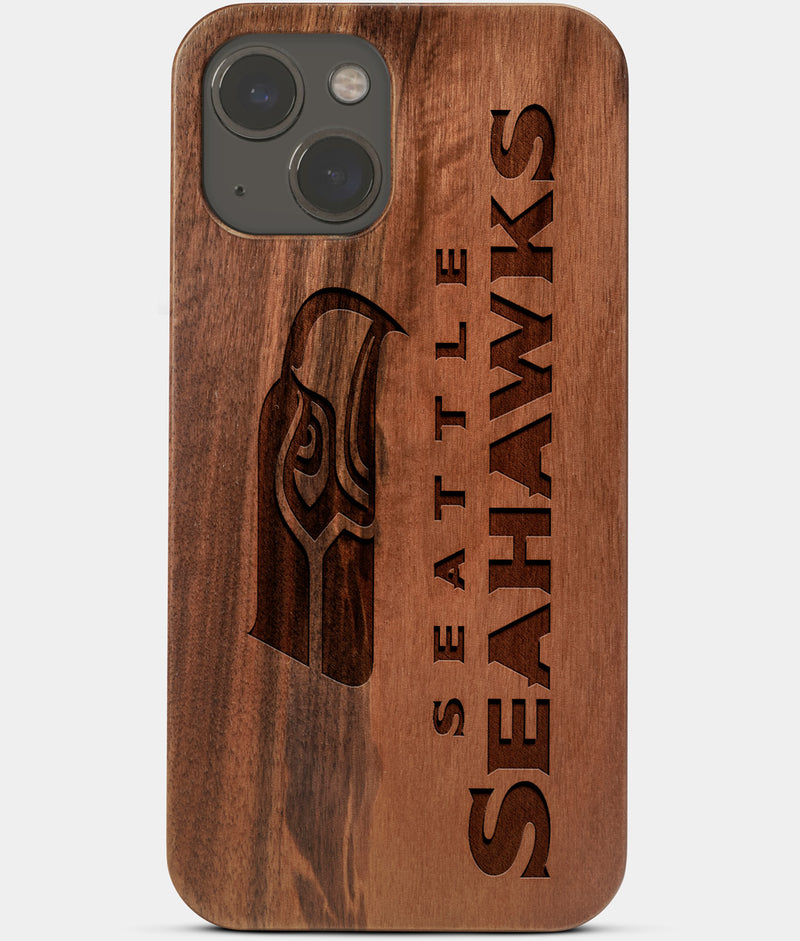 Carved Wood Seattle Seahawks iPhone 13 Mini Case | Custom Seattle Seahawks Gift, Birthday Gift | Personalized Mahogany Wood Cover, Gifts For Him, Monogrammed Gift For Fan | by Engraved In Nature