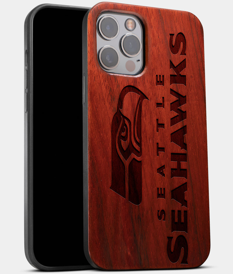 Best Wood Seattle Seahawks iPhone 13 Pro Case | Custom Seattle Seahawks Gift | Mahogany Wood Cover - Engraved In Nature