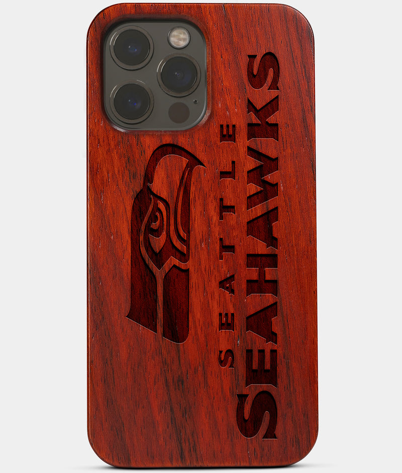 Carved Wood Seattle Seahawks iPhone 13 Pro Case | Custom Seattle Seahawks Gift, Birthday Gift | Personalized Mahogany Wood Cover, Gifts For Him, Monogrammed Gift For Fan | by Engraved In Nature